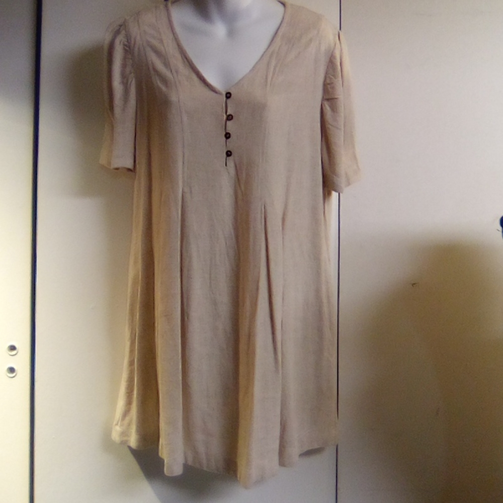 Vici Beige Short Sleeve Midi Dress with Button Placket